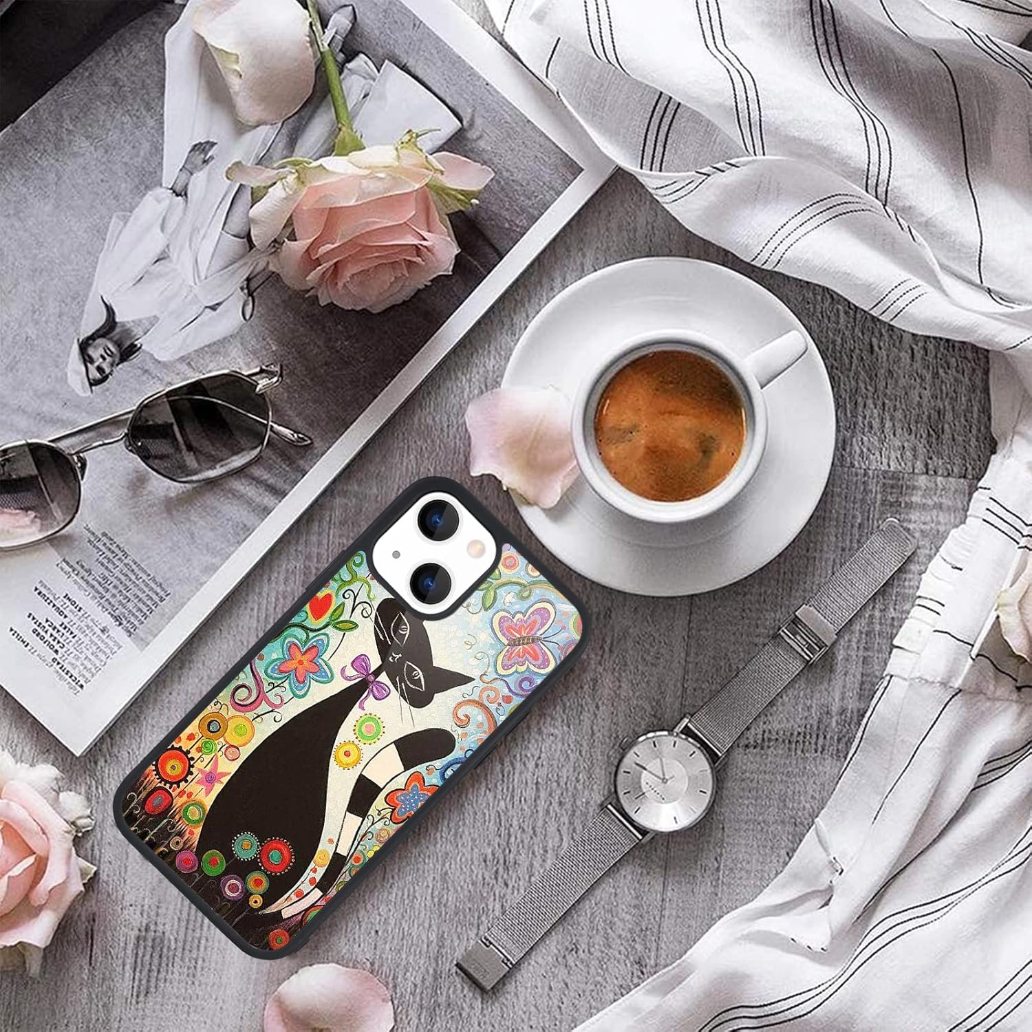 iPhone 13 Case Cute Colorful Cat Design Soft Bumper Hard Back Cover 6.1" Mobile Arcade Ltd
