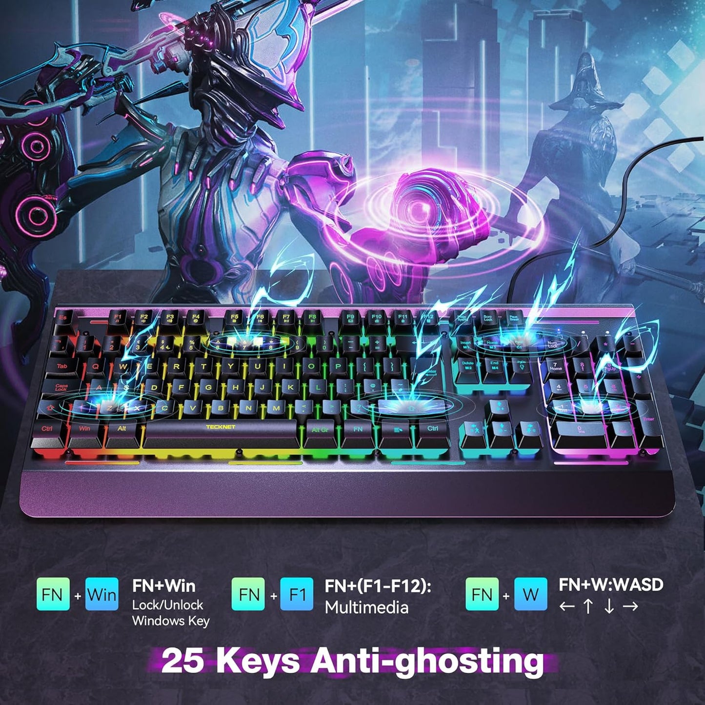 TECKNET RGB Wired Gaming Keyboard UK Layout – 105 Keys, Metal Panel Mobile Arcade Ltd