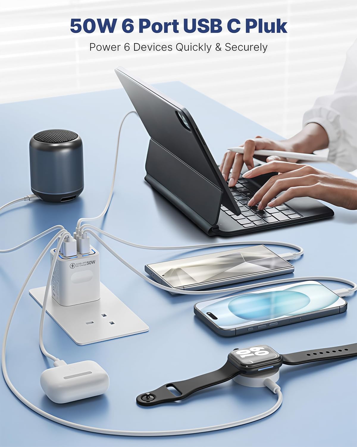 50W 6-Port USB C Fast Charger Plug UK | 3 PD + 3 QC Multiport Charging Adapter