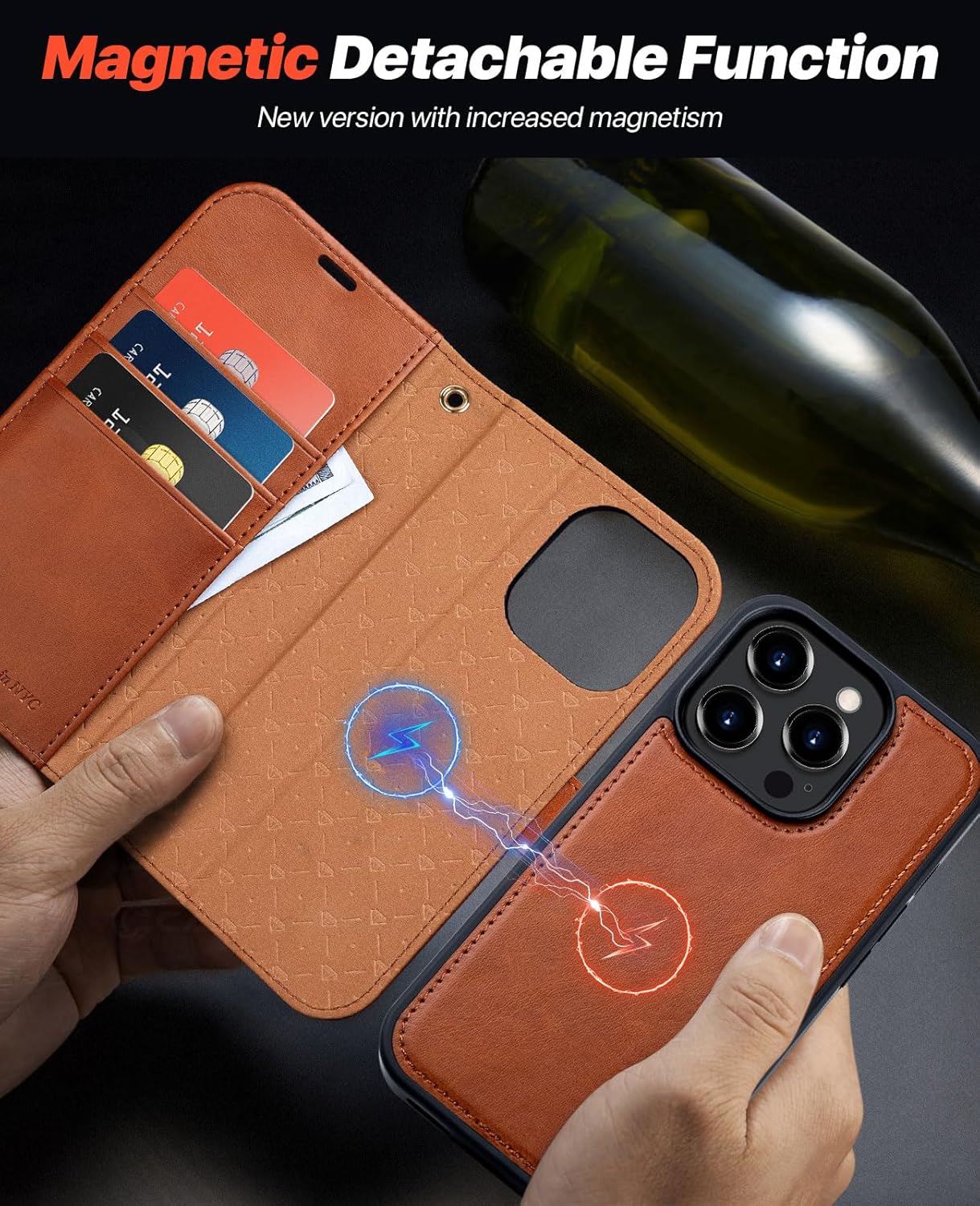 iPhone 15 Pro Max Wallet Case Brown Magnetic 2-in-1 Detachable Flip Cover RFID Mobile Arcade Ltd