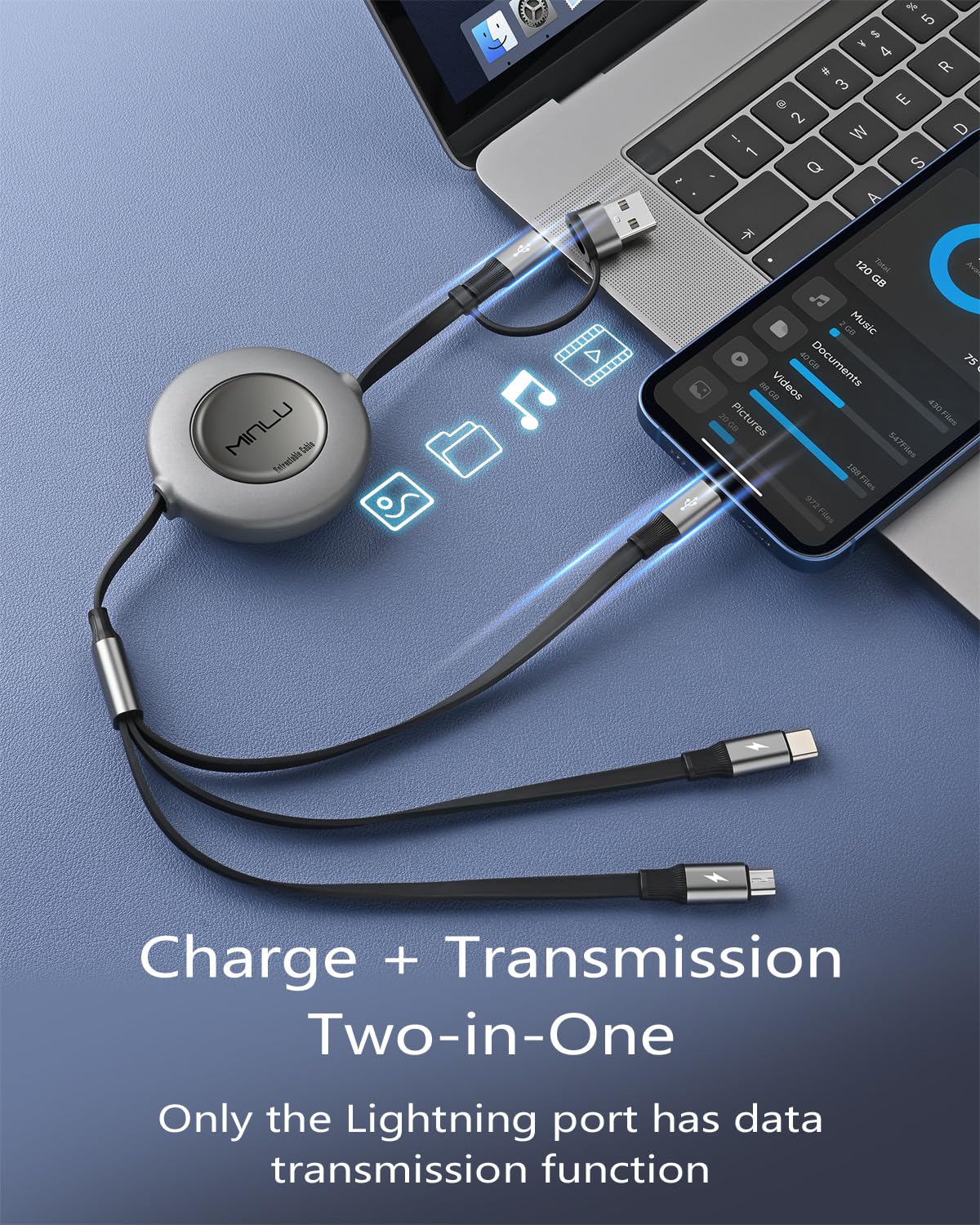 5 in 1 Retractable Multi Charger Cable 3.5A USB C Lightning Micro USB 1.2M Mobile Arcade Ltd