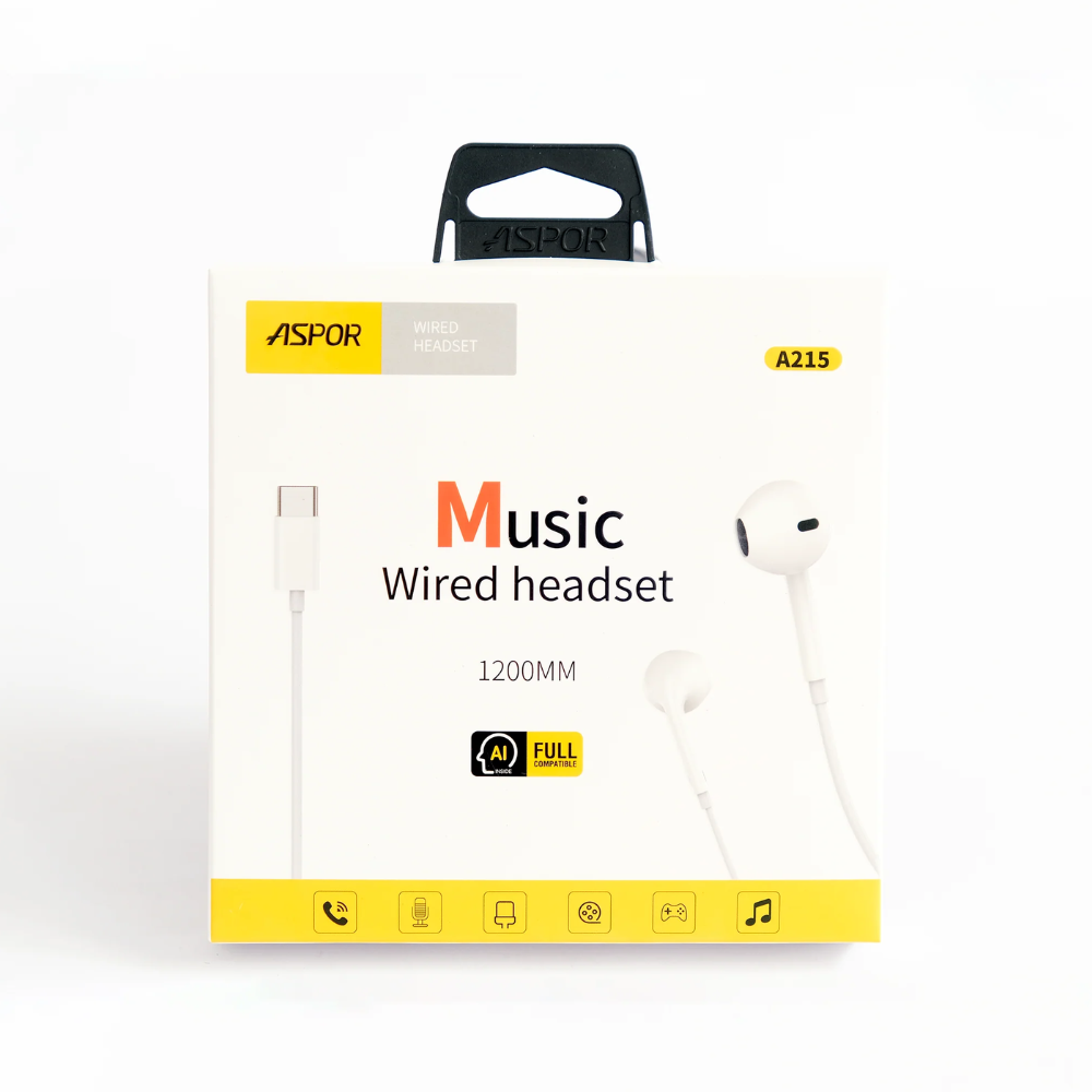 Aspor A215 Music Wired Earphones – Type-C, Mic, Noise Isolation Mobile Arcade Ltd