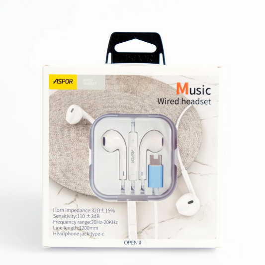 Aspor A215 Music Wired Earphones – Type-C, Mic, Noise Isolation Mobile Arcade Ltd