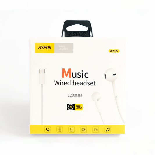 Aspor A215 Music Wired Earphones – Type-C, Mic, Noise Isolation Mobile Arcade Ltd