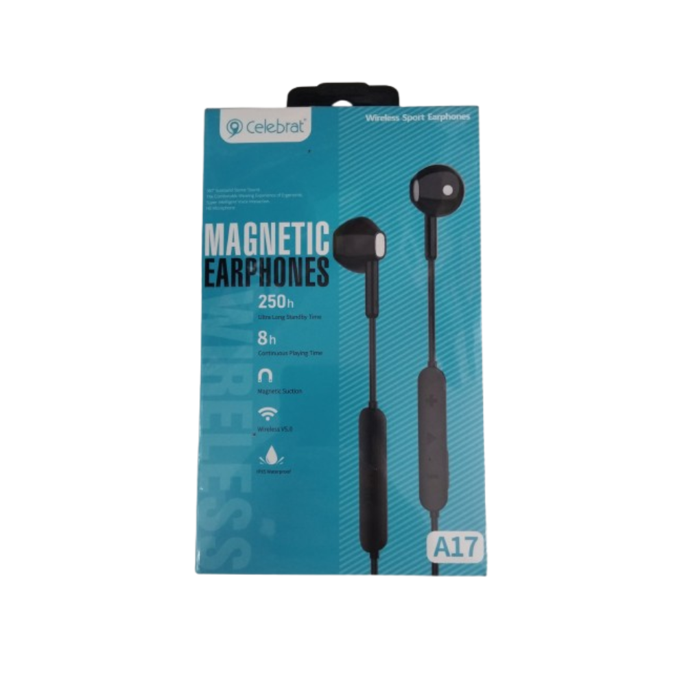 Celebrat A17 Wireless Neckband Earbuds – IPX5 Waterproof, Mic, Black Mobile Arcade Ltd