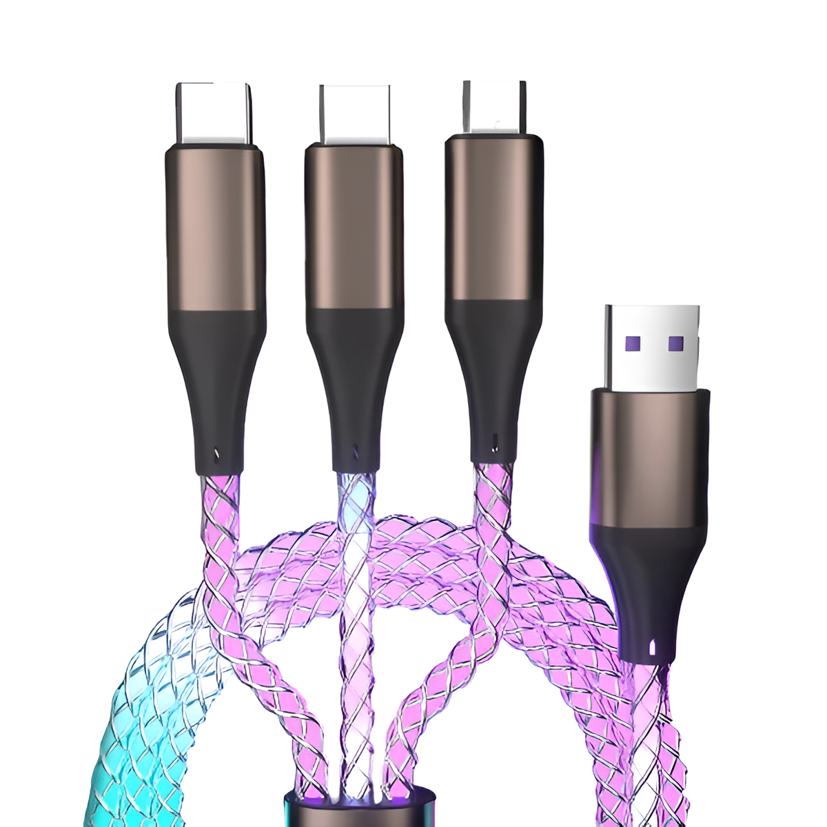 3-in-1 66W Fast Charging Cable RGB Light Micro USB Type-C & iPhone