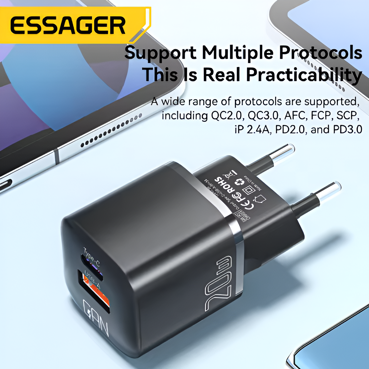 Essager 20W GaN USB-C Fast Charger PD QC 3.0 Adapter for iPhone & Android Mobile Arcade Ltd
