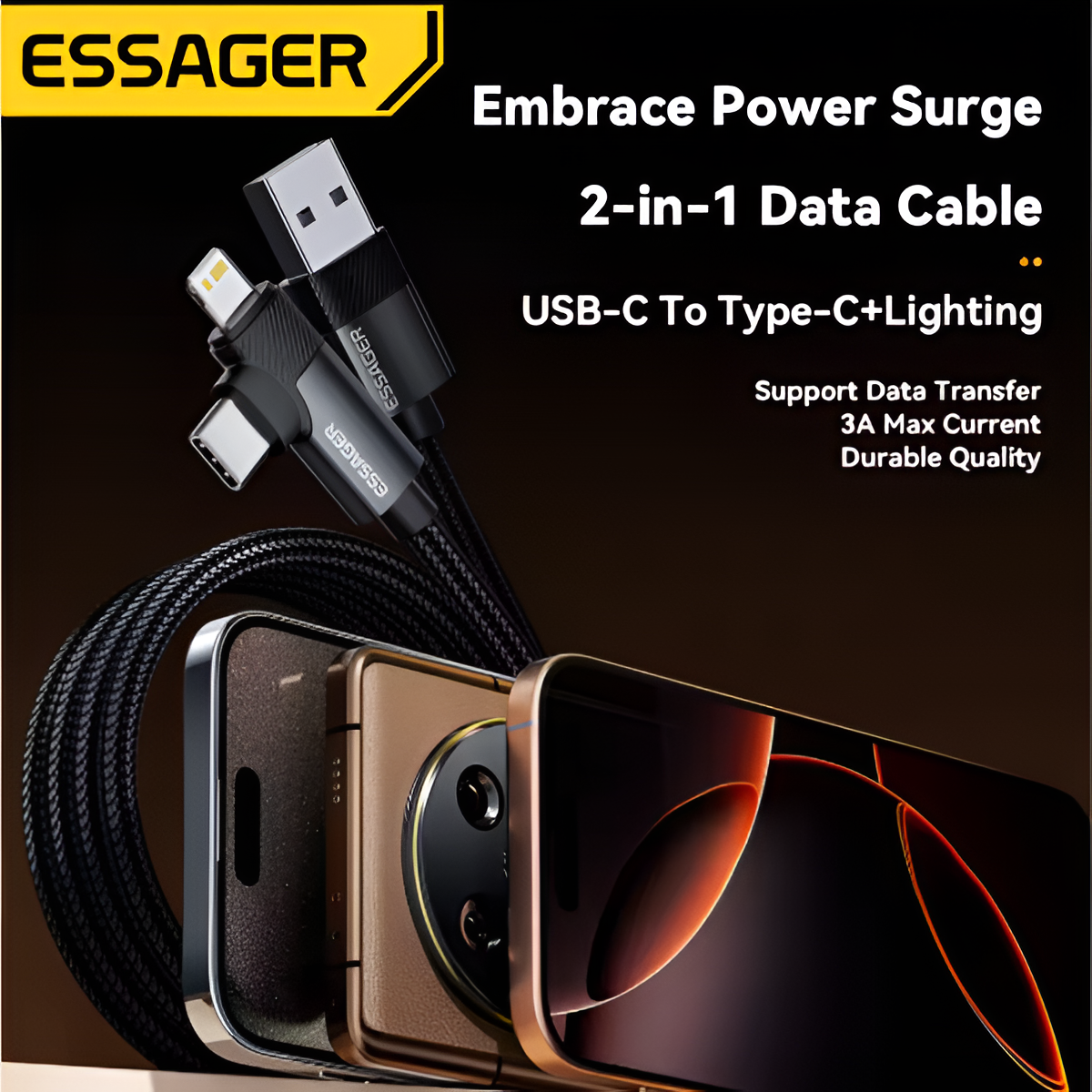 Essager 2-in-1 USB-A Cable 90° Type-C/Lightning Fast Charger for iPhone/iPad Mobile Arcade Ltd
