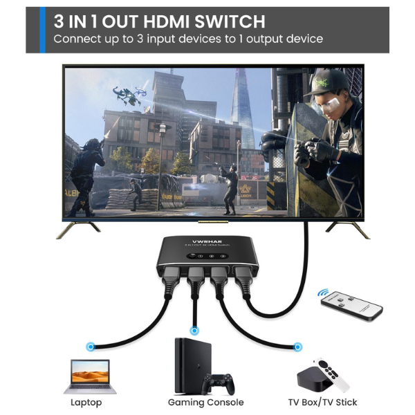 VWRHar HDMI 3x1 Switch with Remote – 4K HDMI Splitter for PS5/Xbox/TV – Black Mobile Arcade Ltd
