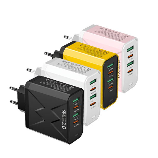 4-Port USB & PD Fast Charger – Mobile & Tablet, 2 USB + 2 PD, Multiple Colours