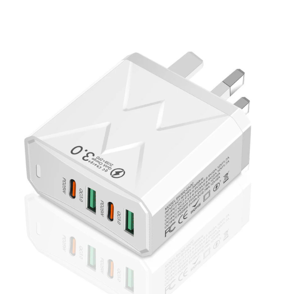 4-Port USB & PD Fast Charger – Mobile & Tablet, 2 USB + 2 PD, Multiple Colours Mobile Arcade Ltd