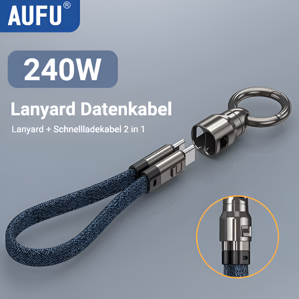 AUFU PD240W USB-C Fast Charging Cable with Zinc Alloy Head & Lanyard Mobile Arcade Ltd
