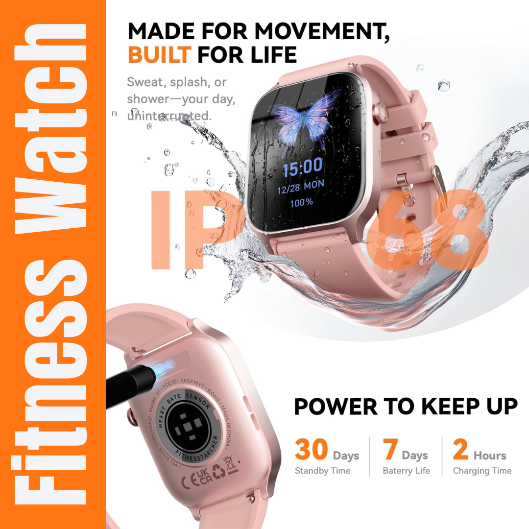 Fitness Watch for Women Ladies Smart Watch Tracker with Pink Color Band Bluetooth Calling IP68 Waterproof iPhone Mobile Arcade Ltd