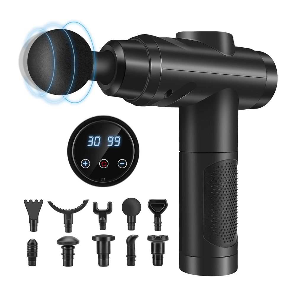 Deep Tissue Massage Gun – 30-Speed Muscle Massager with LCD & 10 Heads (Black)