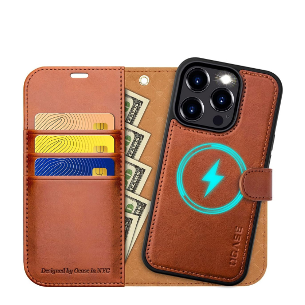 iPhone 15 Pro Max Wallet Case Brown Magnetic 2-in-1 Detachable Flip Cover RFID