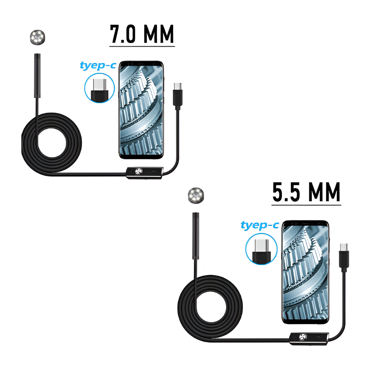 7.0/5.5mm IP67 Waterproof Endoscope Camera with 6 LEDs USB Android Borescope Mobile Arcade Ltd