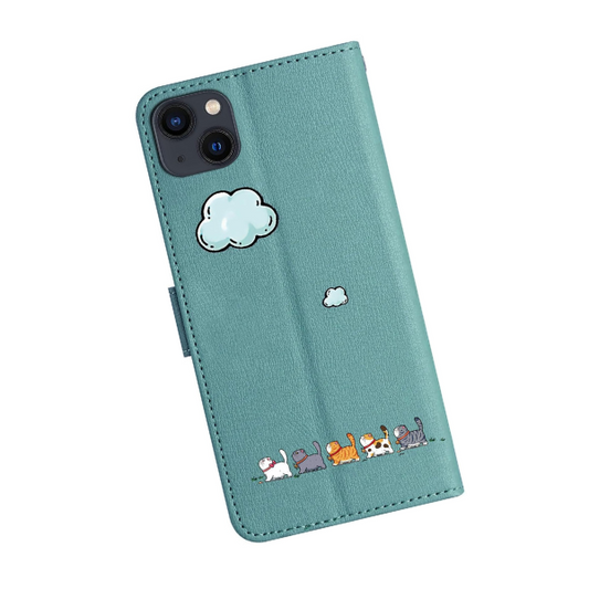 iPhone 13 Wallet Case Green Cat Design Flip PU Leather Card Holder Cover