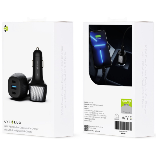 103W Car Charger - Dual USB-C & USB-A Fast Charging, Carbon Fiber Design, NEW Mobile Arcade Ltd
