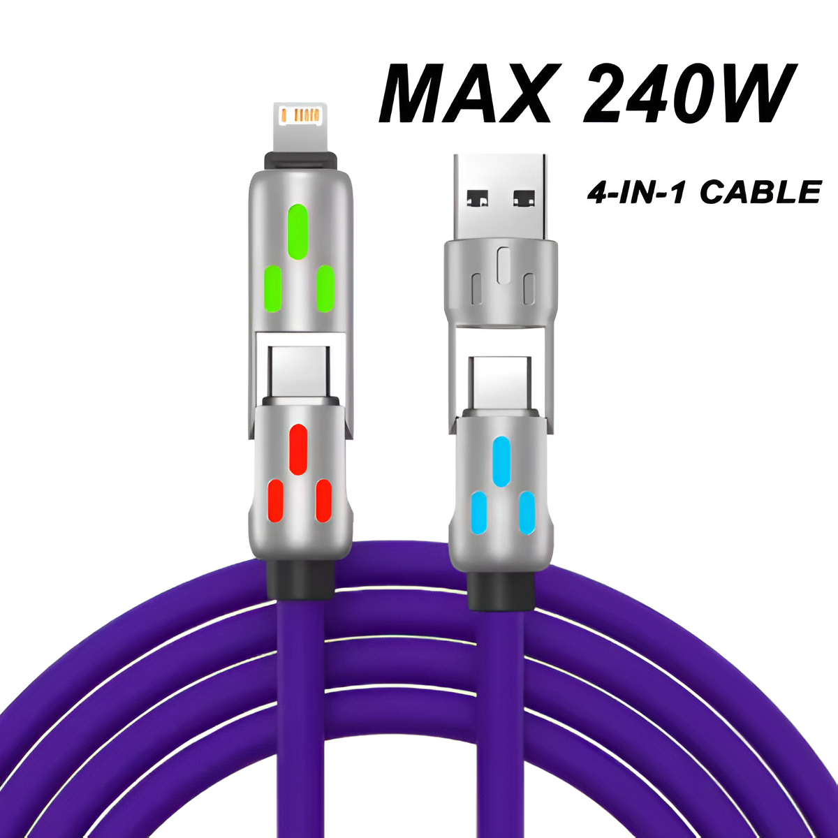 4-in-1 Rotating USB Charger Cable – 240W Fast Charge Type-C Silicone Lead 1.2m