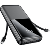 15000mAh Fast Charging Power Bank with 2 Built-in Cables & LED Display, Black
