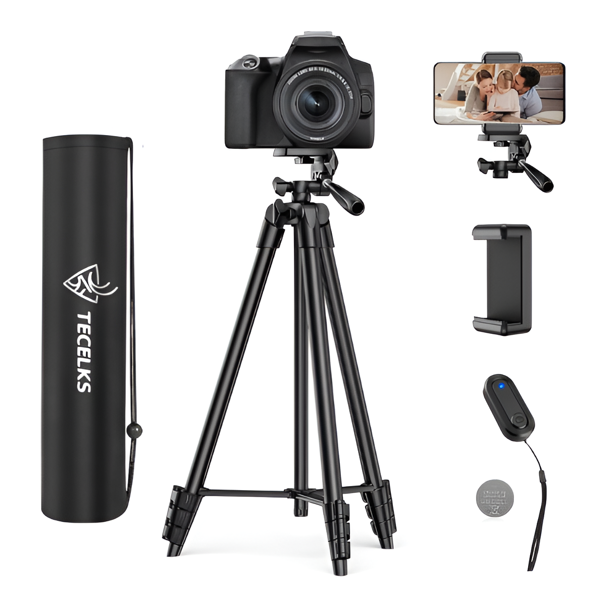 Lightweight 55-Inch/135cm Tripod Stand with Remote, Phone Clip & Carry Bag