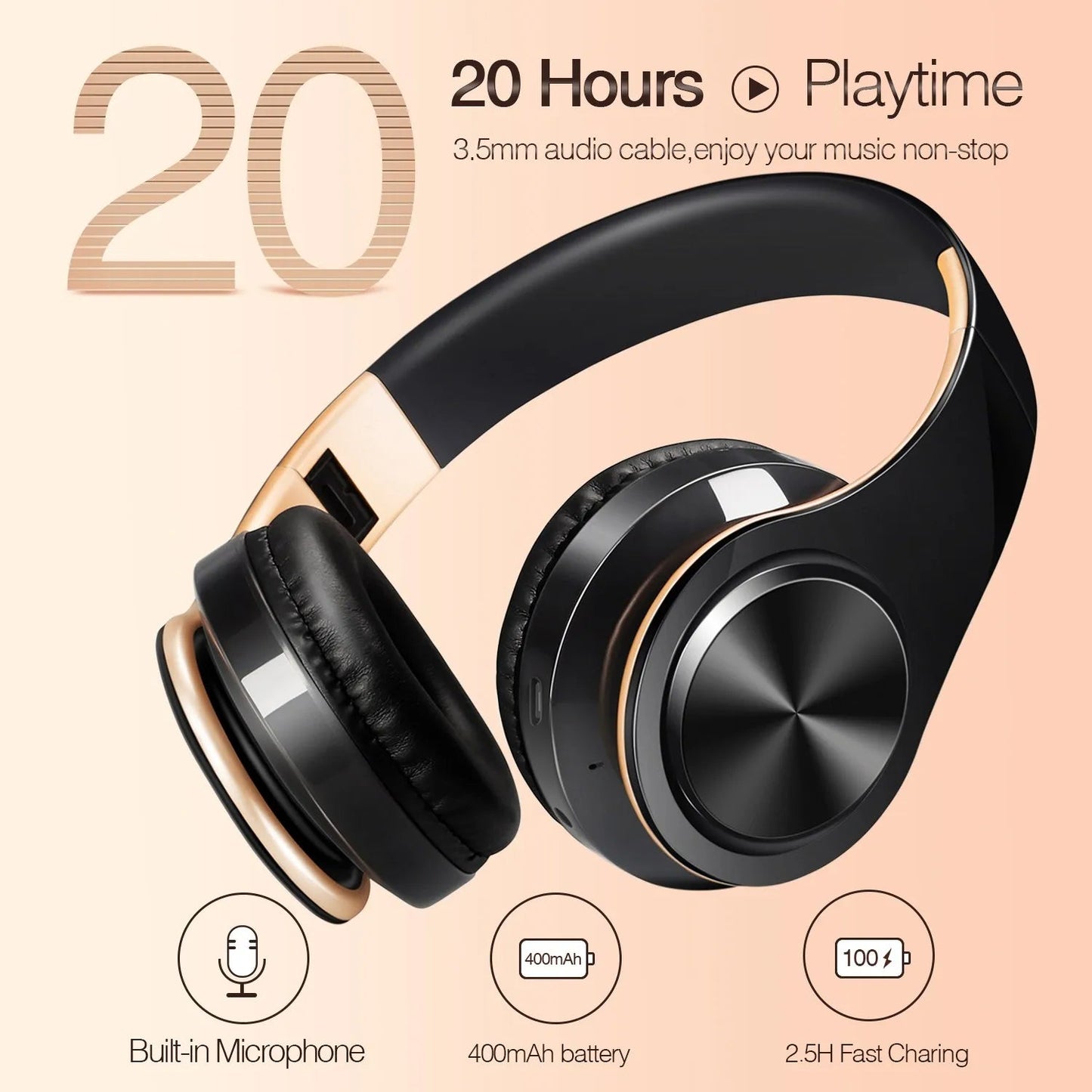 Gold Wireless Bluetooth Headphones w/ Mic 3.5mm Jack for iPhone Samsung MobileArcadeLtd