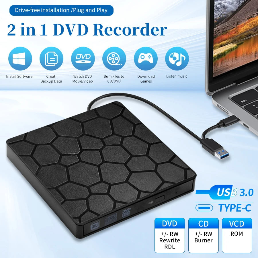 Slim External USB 3.0 Type-C DVD RW Drive | 2-in-1 DVD/CD Writer Burner Mobile Arcade Ltd