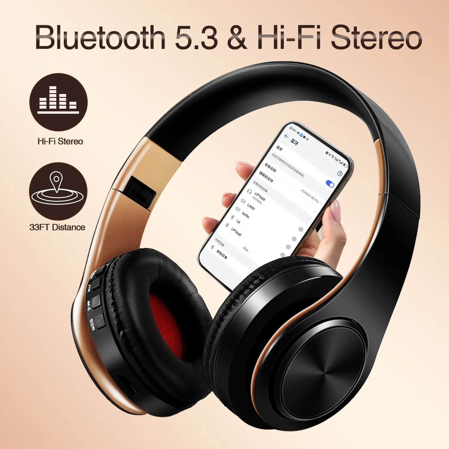 Gold Wireless Bluetooth Headphones w/ Mic 3.5mm Jack for iPhone Samsung MobileArcadeLtd