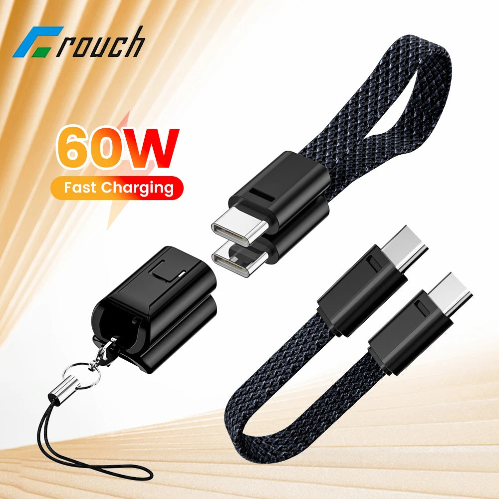 60W Fast Charging USB-C to USB-C Short Cable Keychain – Lanyard Charger for iPhone 15/16, Samsung, Xiaomi, Power Bank