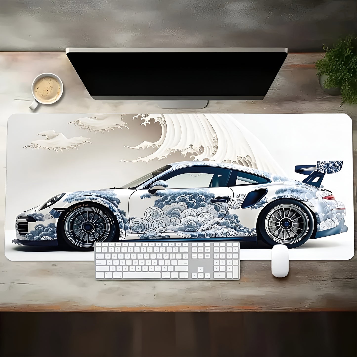 Large White Sports Car Gaming Mouse Pad – Non-Slip Rubber Extended Desk Mat