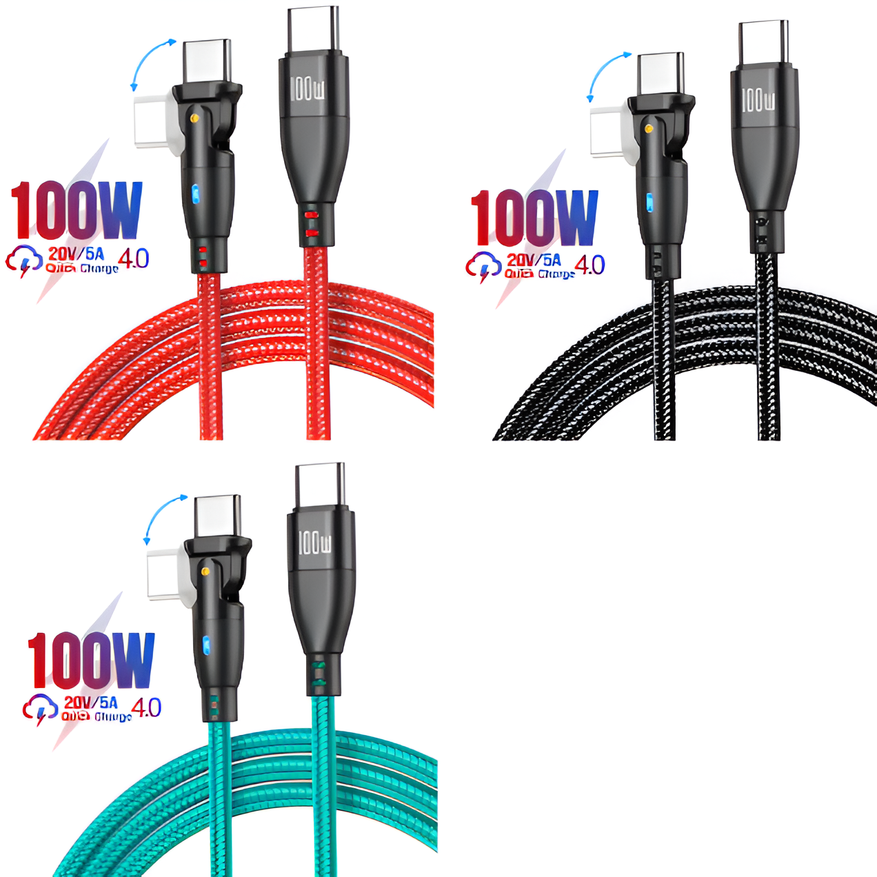 100W USB-C to USB-C Cable 5A PD Fast Charger Cord 180° for MacBook & More