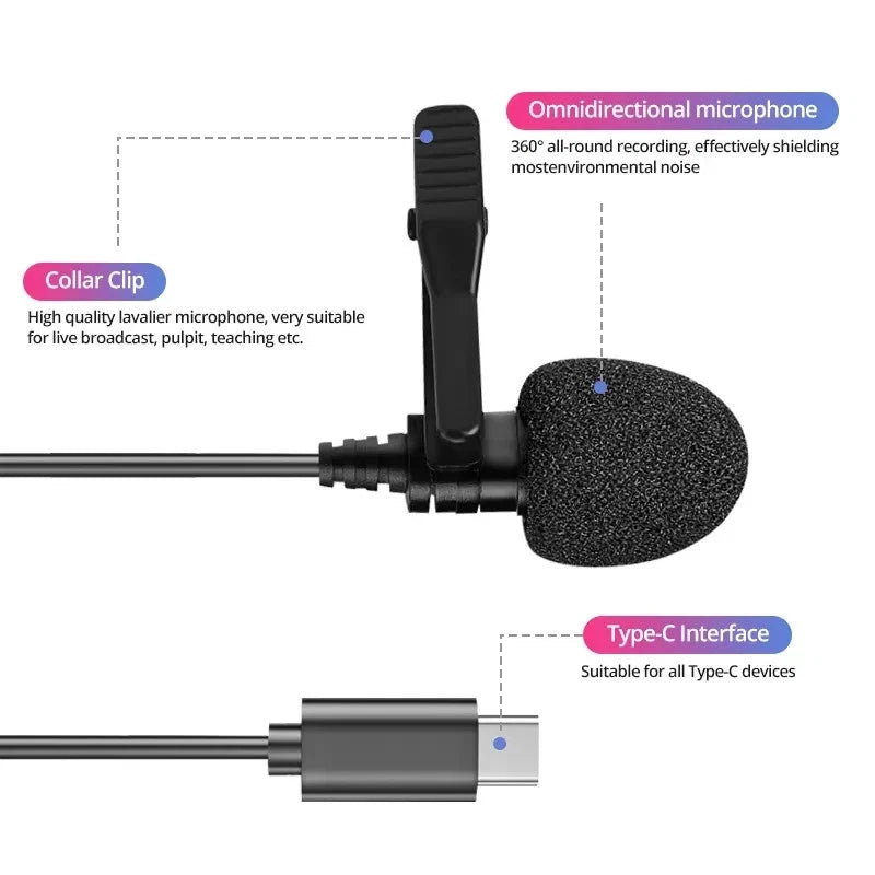 USB-C Lavalier Microphone Clip-On Mic for Phone Laptop Plug & Play Recording Mobile Arcade Ltd